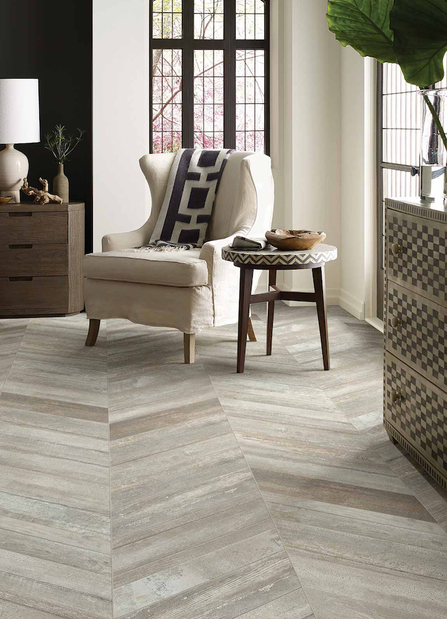 rustic wood look tile flooring in a stylish living room